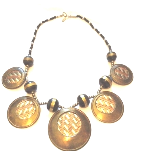VINTAGE 70s BRASS COPPER AND BLACK BONE BIB COLLAR NECKLACE - Picture 7 of 7